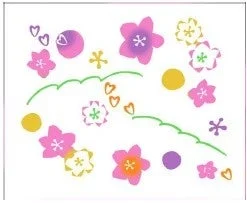 花、ハート、ドット、曲線が散りばめられた、可愛らしくカラフルなパターンデザイン