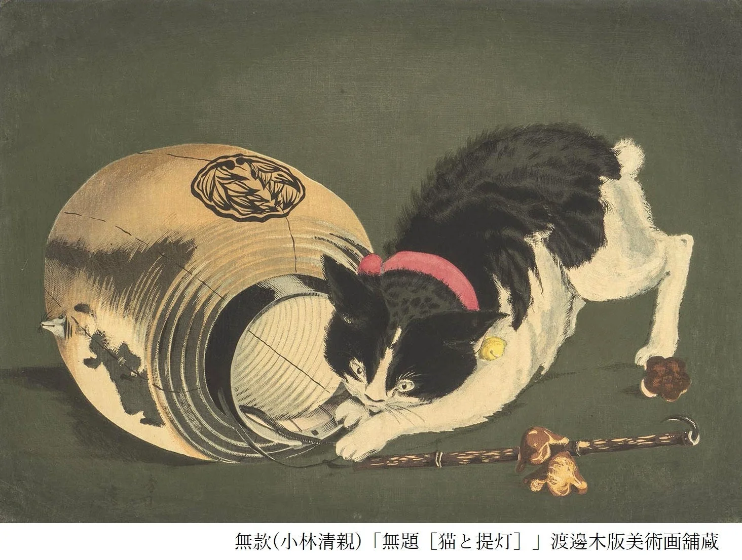 赤い首輪と鈴をつけた白黒の猫が、倒れた和風の提灯と戯れている様子を描いた小林清親の木版画。