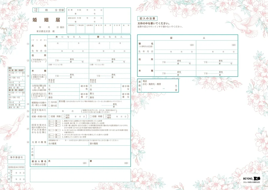 桜と鳩のイラストがデザインされた日本の婚姻届の様式です。夫になる人と妻になる人の情報、証人の署名欄、本籍や職業に関する記入欄など、婚姻に必要な詳細事項が記載されています。