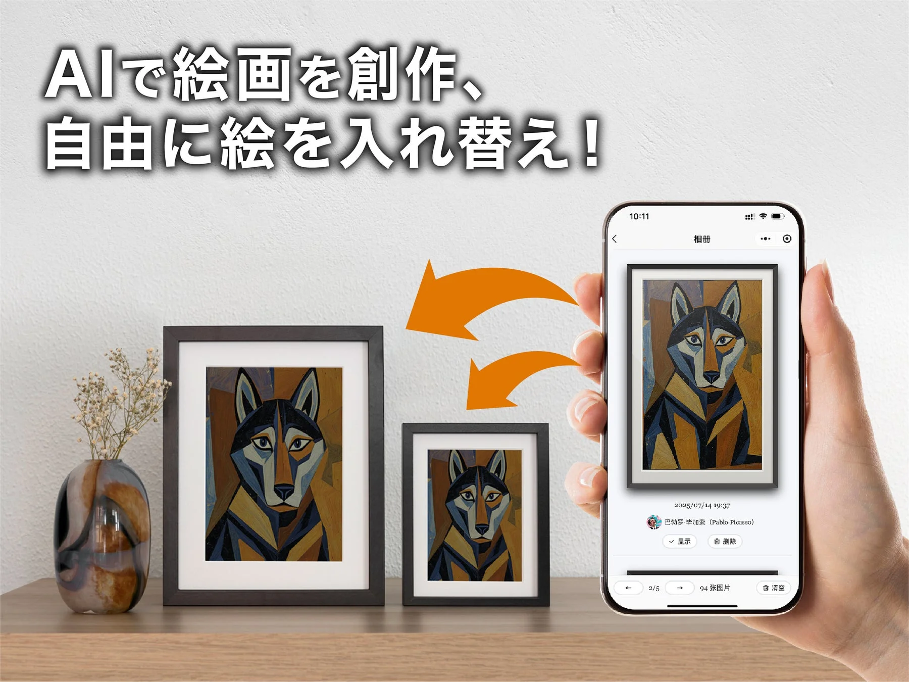 AIで絵画を創作、自由絵を入れ替え！