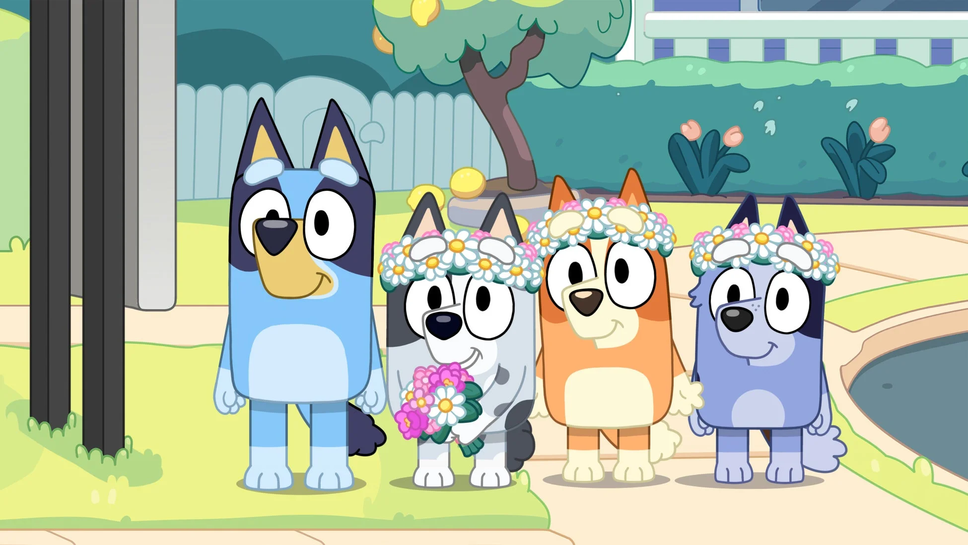 花冠をつけたブルーイのキャラクターたち