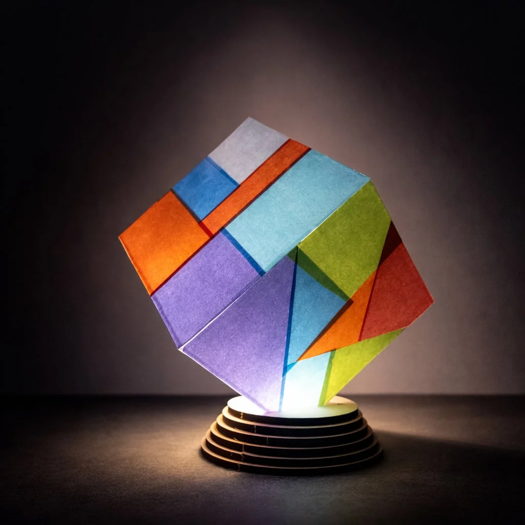 暗い背景の中、木製の台座に立つカラフルな幾何学模様のオブジェが、下からの光で鮮やかに照らされています。