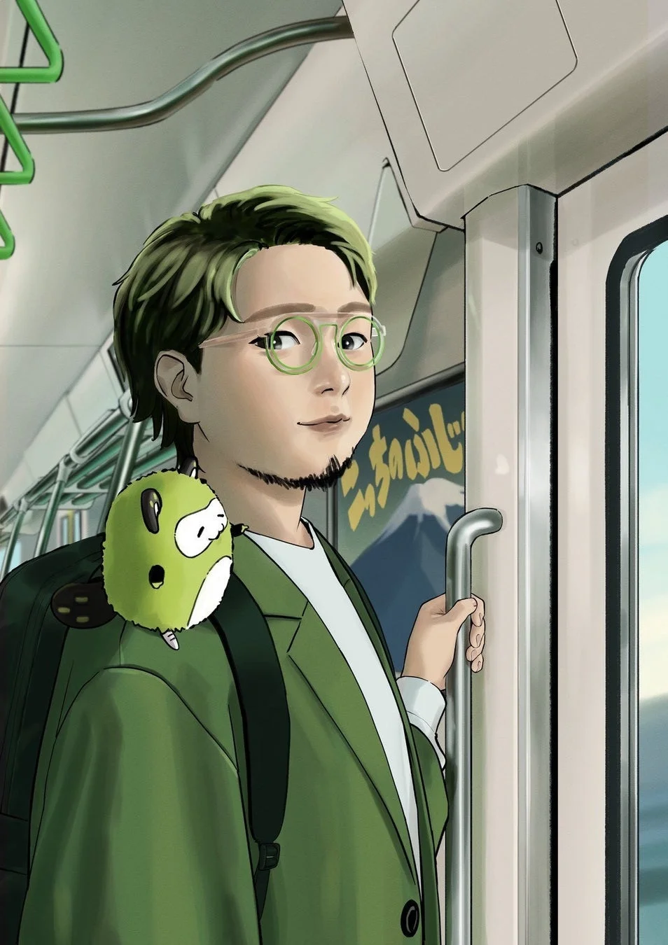 電車内で手すりにつかまる男性とキャラクターのイラスト