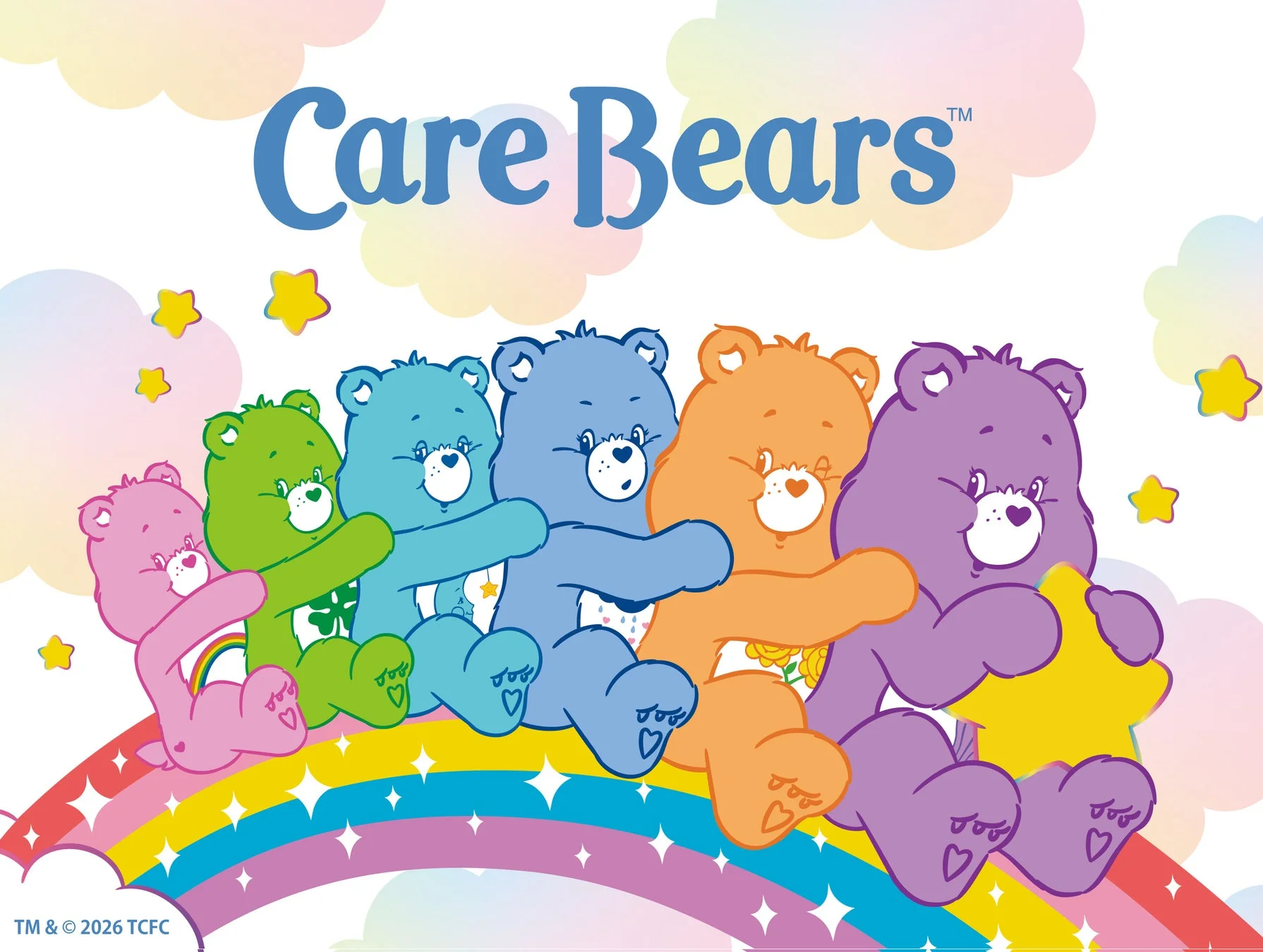 様々な色のケアベアたちが虹の上に座るイラスト