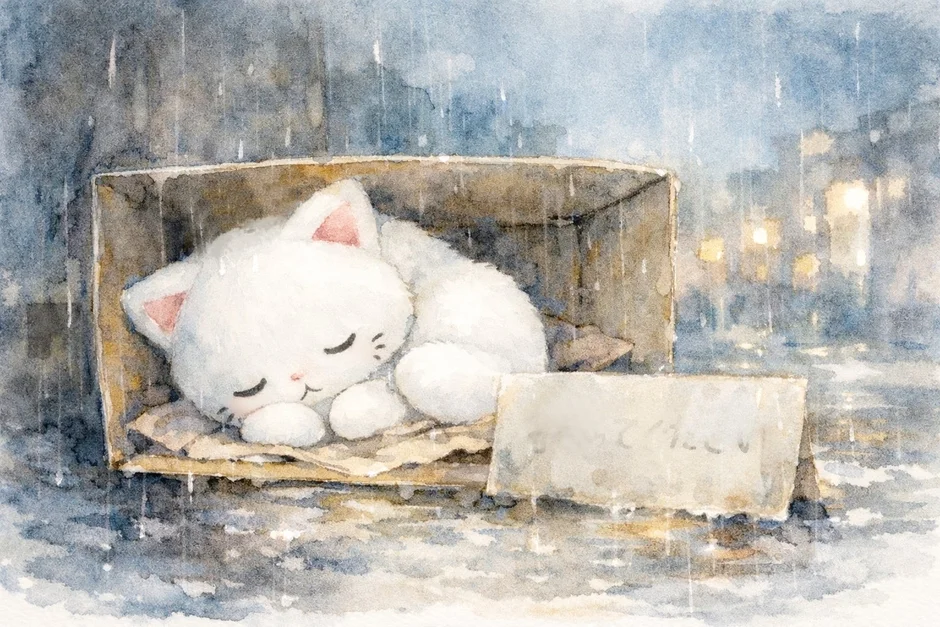 雨の降る夜、段ボール箱の中で丸くなって眠る白い子猫の水彩画です。