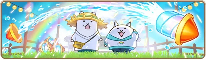 麦わら帽子と虹のパーカーを着た猫のキャラクターが、水しぶきと虹が広がる夏の屋外で楽しそうに水遊びをしている様子を描いたイラストです。
