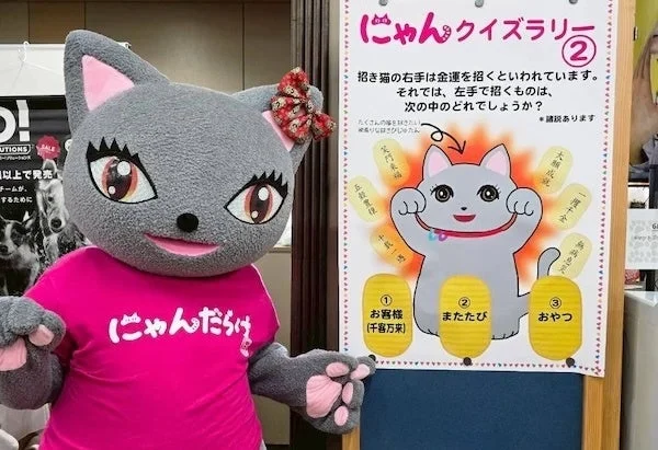 ピンクのTシャツを着た灰色の猫の着ぐるみが、招き猫に関するクイズが書かれたポスターの隣に立っています。ポスターは「にゃんクイズラリー②」と題され、招き猫の左手が何を招くかを問う内容で、選択肢が示されています。着ぐるみは「にゃんだらけ」と書かれたTシャツを着ています。
