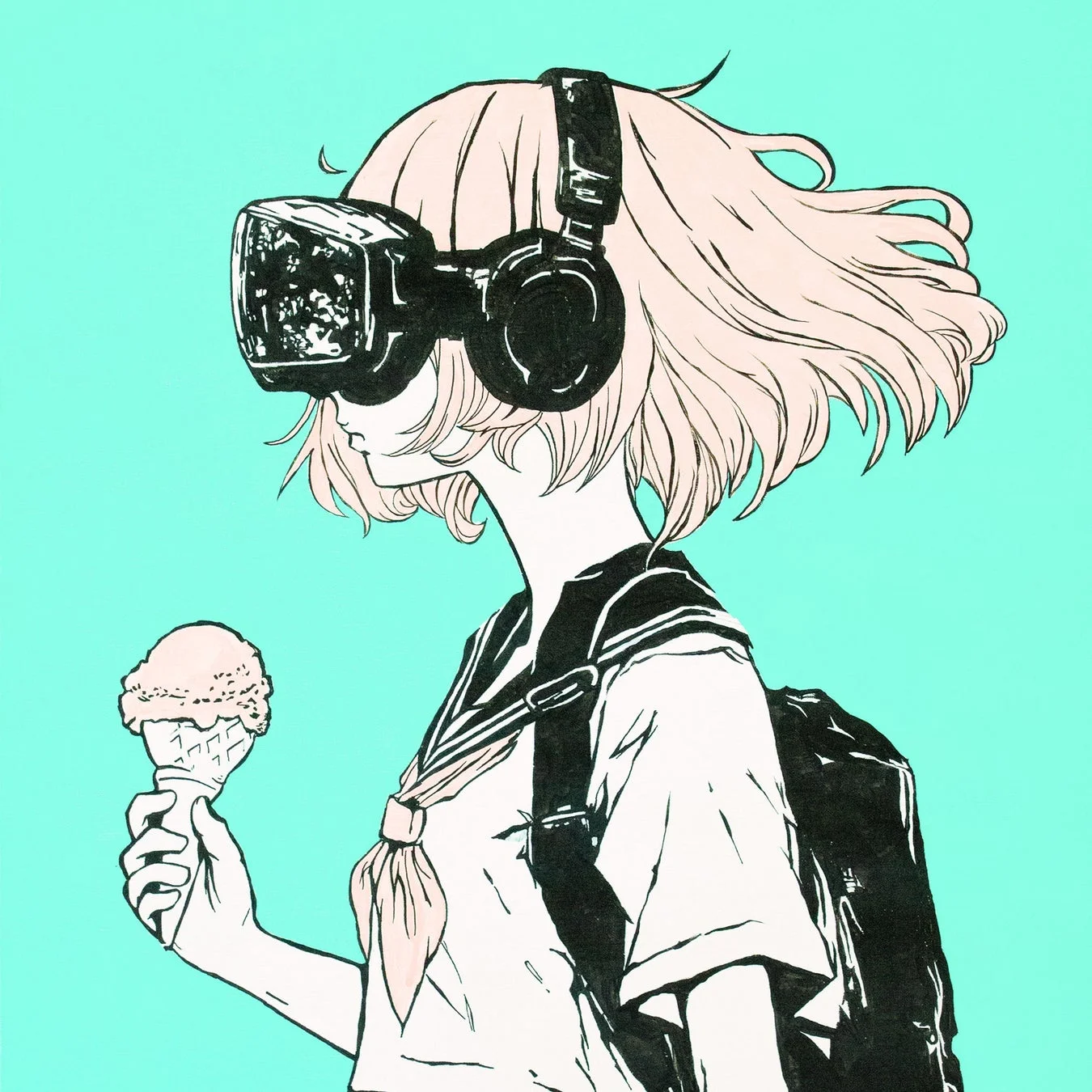 VRヘッドセットをつけたセーラー服の少女イラスト