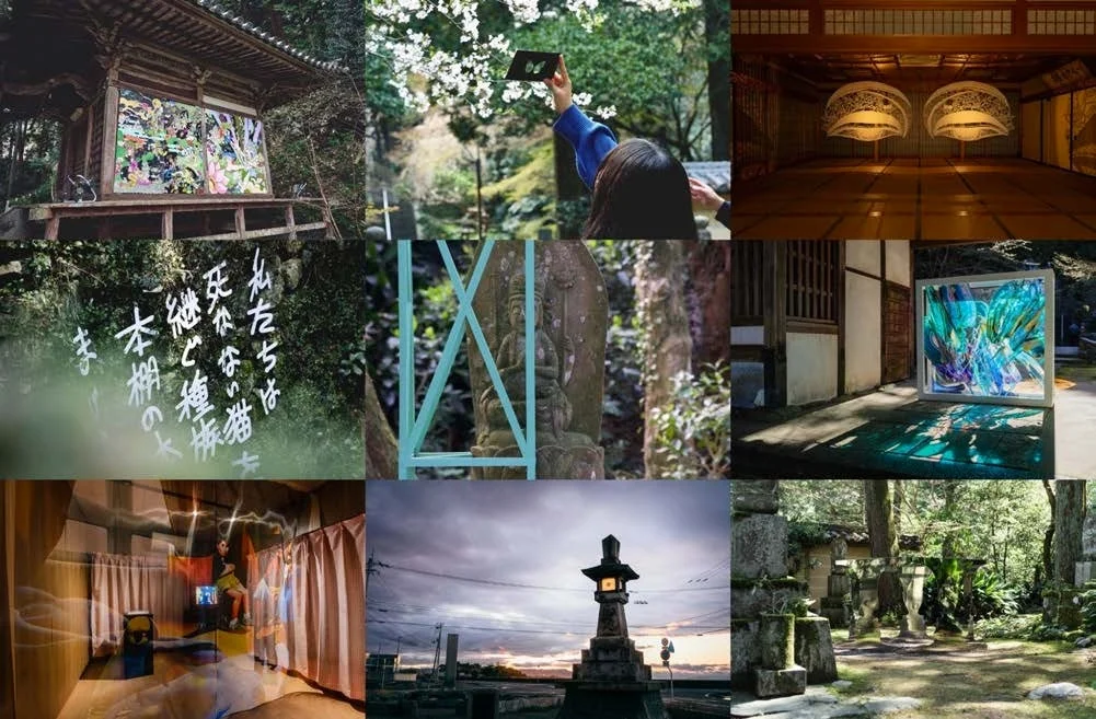 日本の寺社仏閣、自然風景、現代アートのインスタレーションなど、多様な要素を組み合わせたコラージュ画像