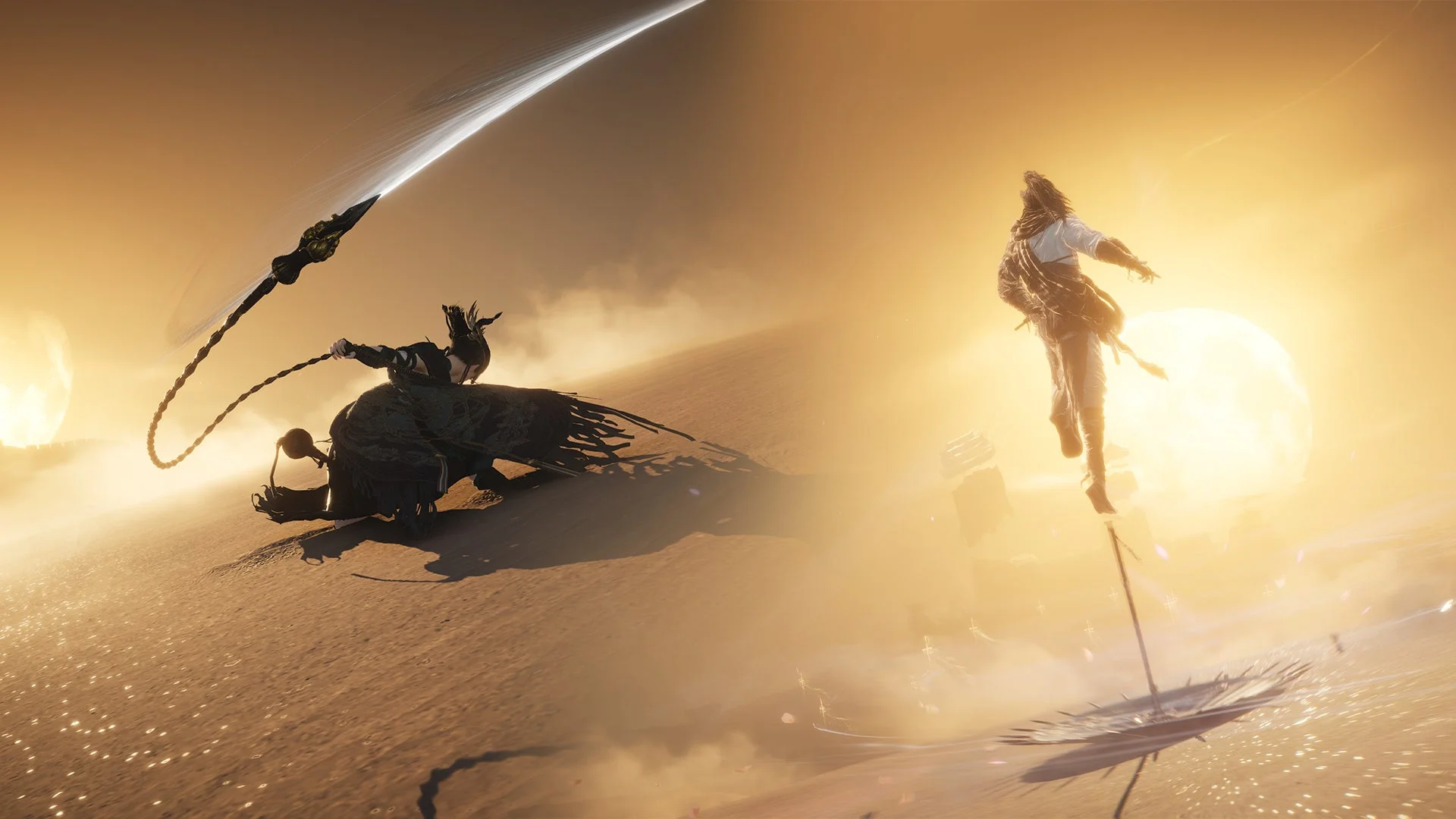 広大な黄金色の砂漠を舞台に、二人の人物が対峙するドラマチックなシーン。左の人物は光る鞭のような武器を構え、右の人物は明るく輝く球体を背景に空中を浮遊している。空には惑星のリングが見え、SF的な世界観を演出する壮大で緊迫感のある光景。