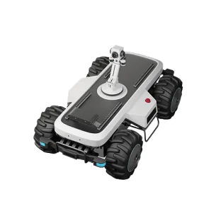 頑丈なタイヤと中央にカメラアームを備えた白い四輪ロボットの画像