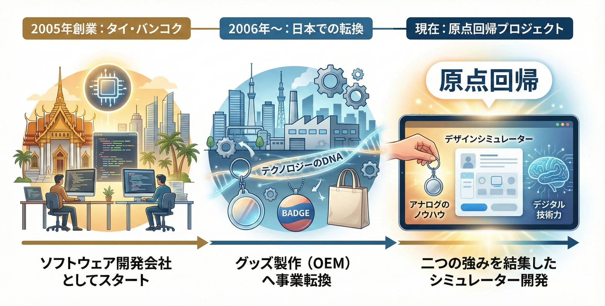 企業が2005年にタイ・バンコクでソフトウェア開発として創業し、2006年頃に日本でグッズ製作(OEM)へ事業転換した歴史を示す。現在は、アナログノウハウとデジタル技術を融合したデザインシミュレーター開発の「原点回帰プロジェクト」に取り組んでいる。