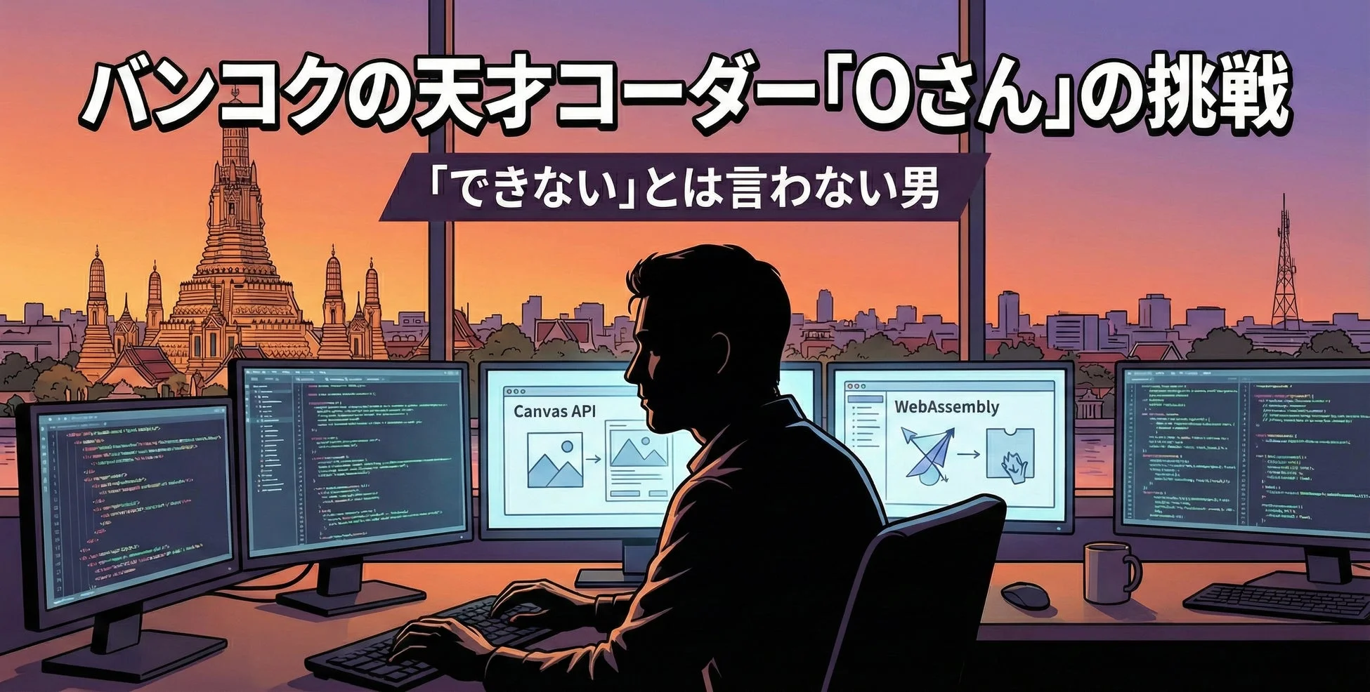 バンコクの夕焼けを背景に、複数のモニターでプログラミングを行う天才コーダー「Oさん」の姿を描いたイラストです。彼は「できない」とは言わない挑戦的な人物として描かれています。