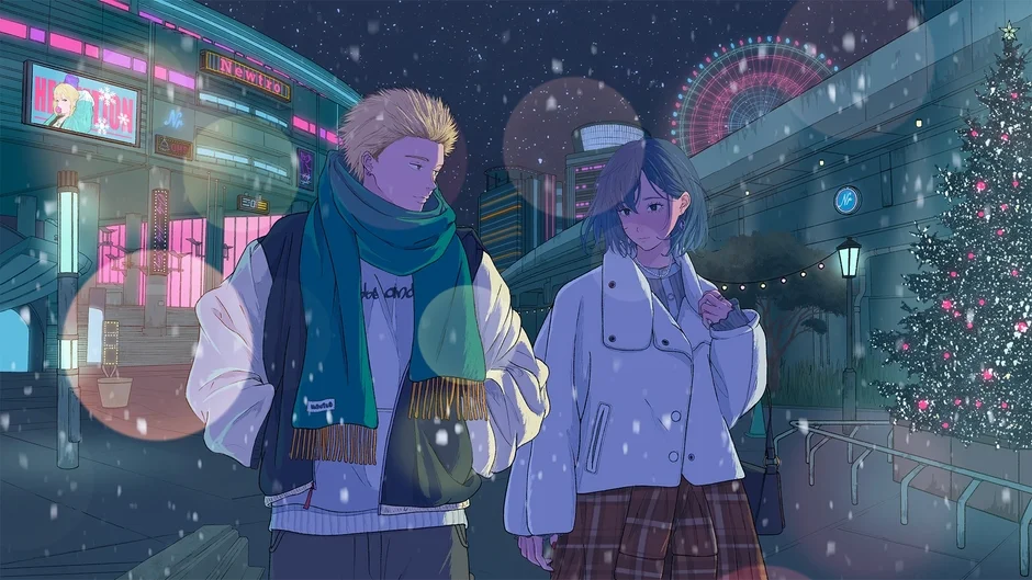 雪が舞う冬の夜、イルミネーションが輝く街を若い男女のカップルが歩くイラスト