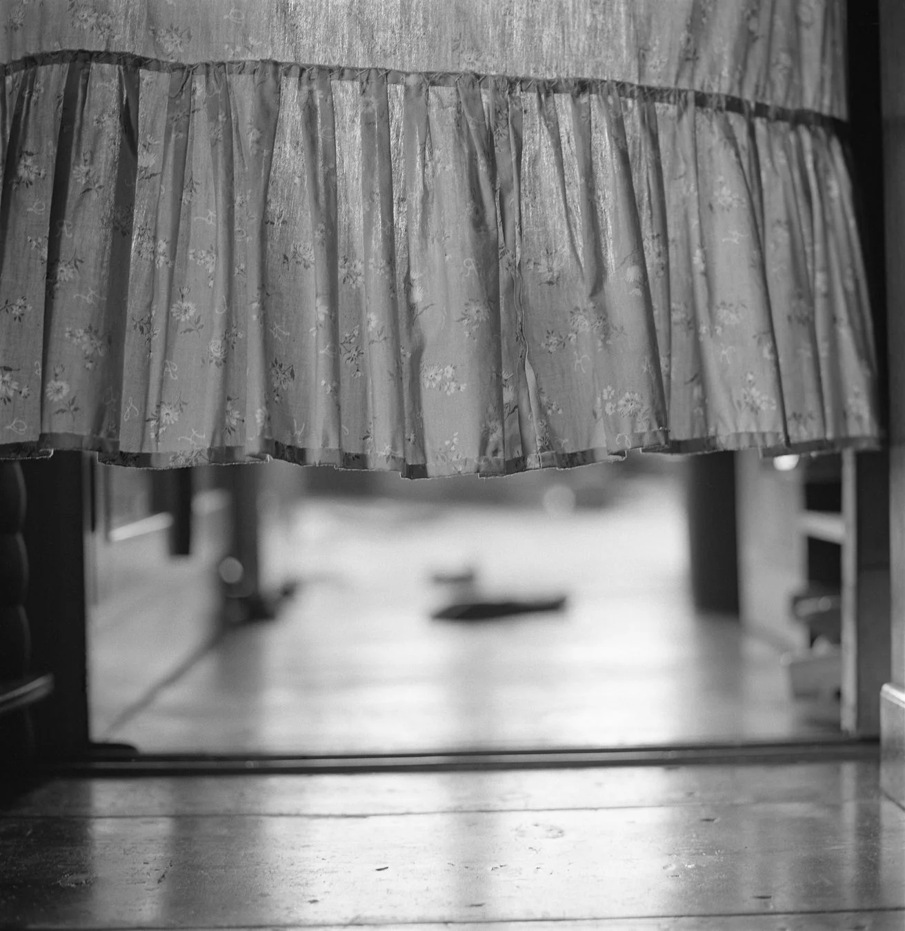 花柄カーテンのモノクロ写真