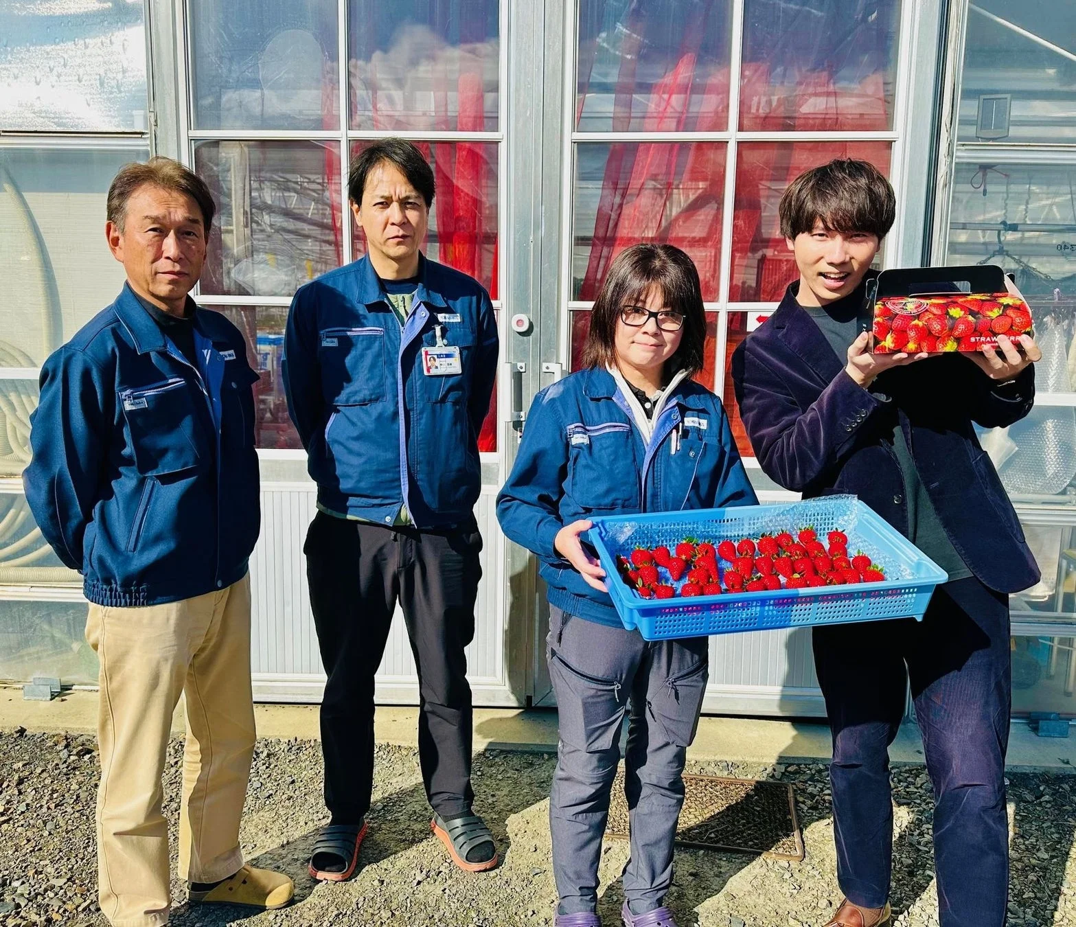 いちご農園で収穫したいちごを持つ人々