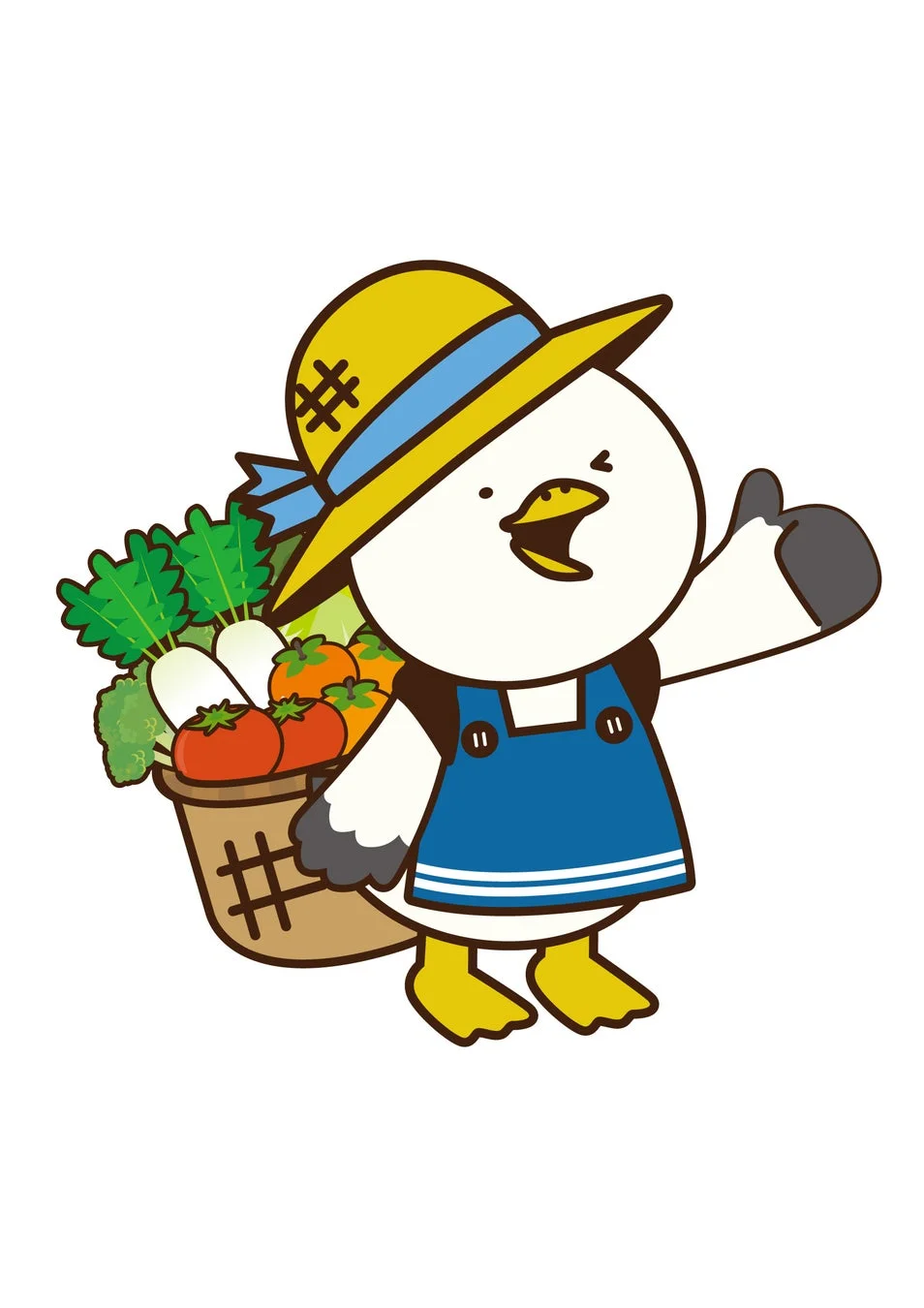 麦わら帽子と青いオーバーオールを着た可愛らしい鳥のキャラクター