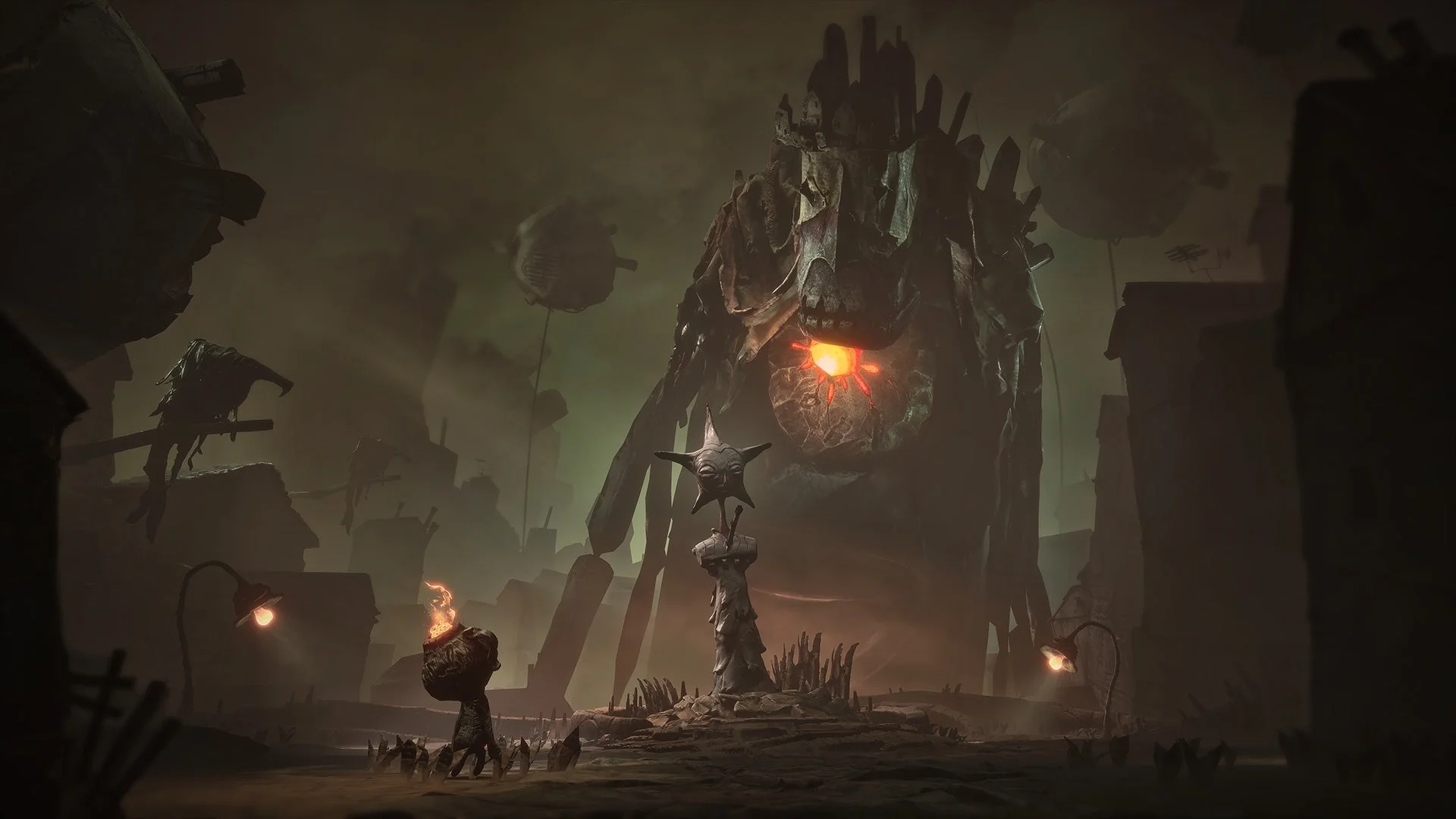 巨大な骨のような構造物と奇妙な生物たち