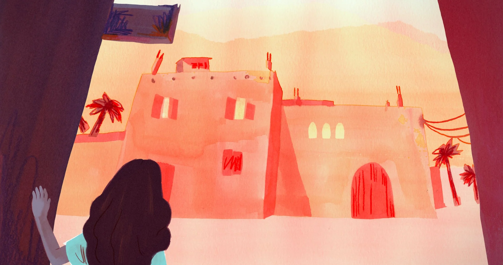 窓から外を眺める女性のイラスト