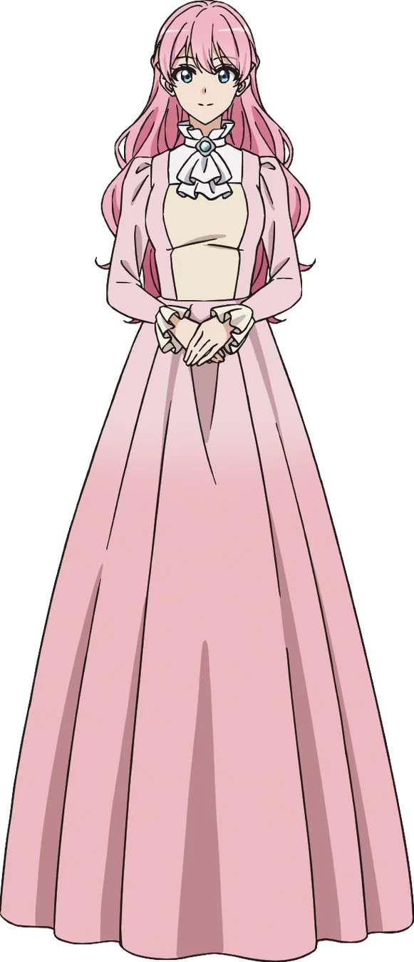 ピンクの髪と青い目を持つアニメ風の女性キャラクターが、フリル付きの白いブラウスとピンクのロングドレスを着用し、両手を組んで立っている全身イラストです。