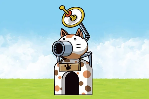 青い空と緑の草原を背景に、猫の顔を持つ砲台のようなキャラクターが描かれています。