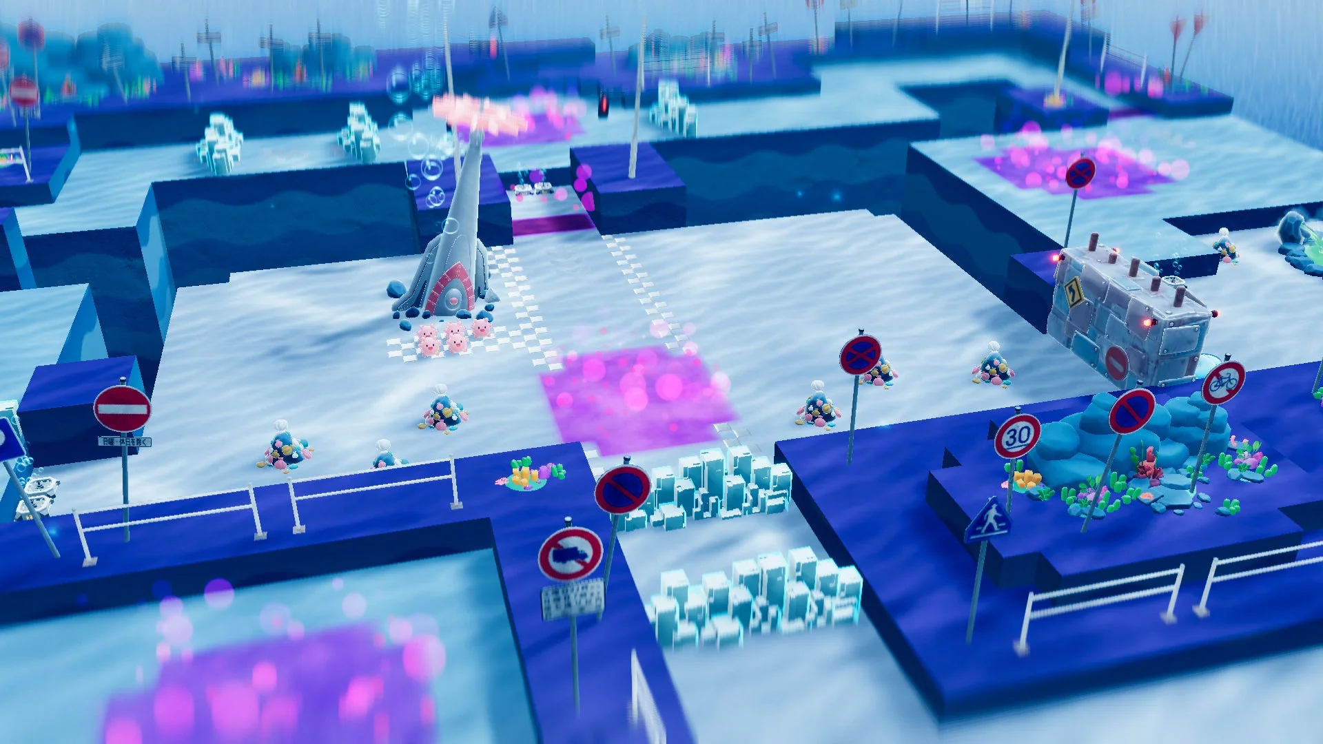 青と紫を基調とした、ゲームのようなスタイルの水中都市を描いた画像です。ロケットのような建物、交通標識のある道路、可愛らしいキャラクター、そして光る紫色のオブジェクトが特徴的な、幻想的な海底の世界が表現されています。