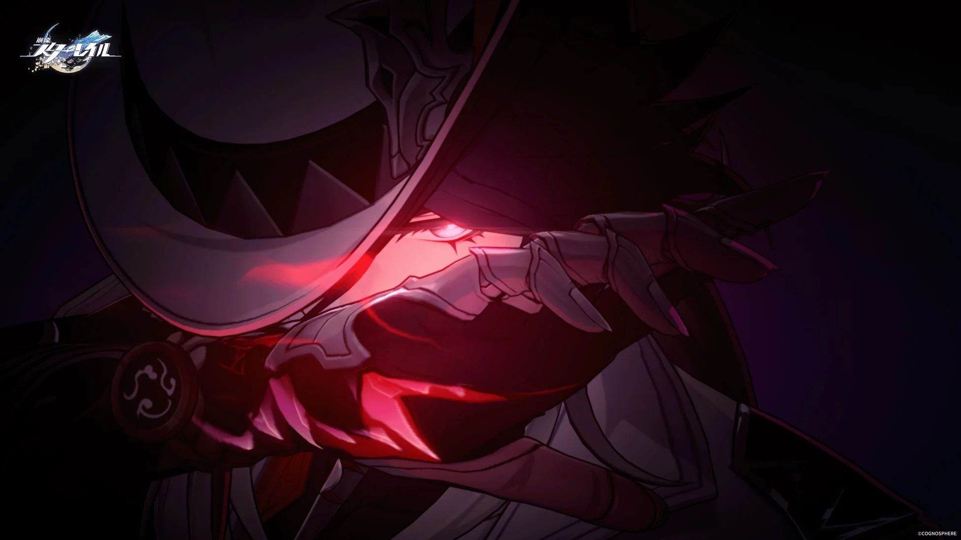 アニメ,ゲーム,崩壊スターレイル,キャラクター,男性,暗闇,赤色,光る目,ミステリアス,帽子,手,グローブ,武器