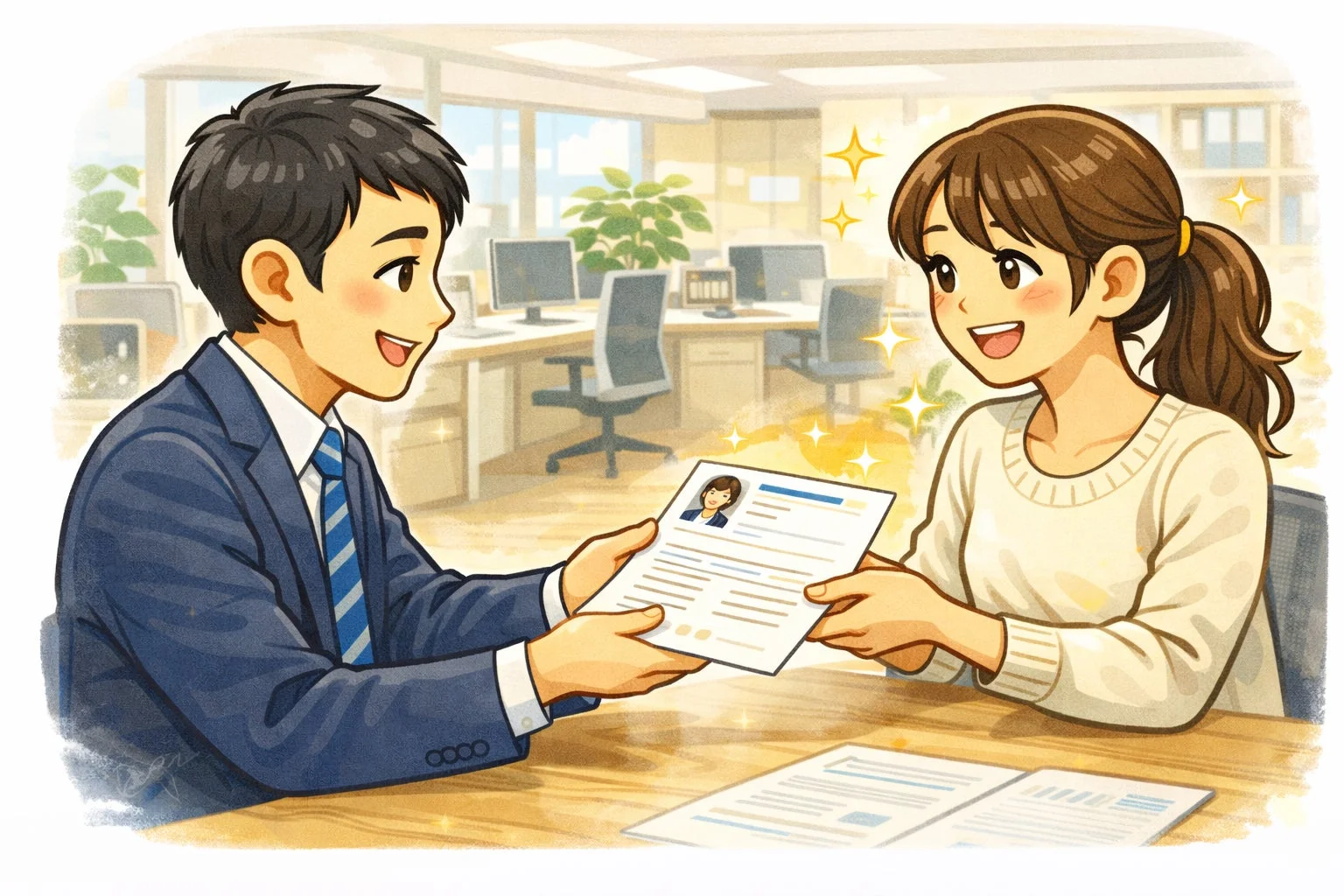 面接や採用の場面を表現する男女のイラスト