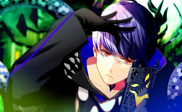 紫と白のツートンカラーの髪とオレンジ色の瞳を持つアニメ風の男性キャラクター