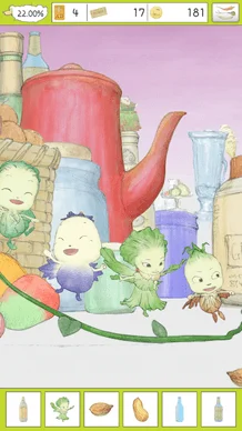 可愛らしい植物の妖精のようなキャラクターたちが踊るイラスト