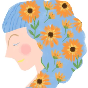 青い髪にたくさんのオレンジ色の花が咲き乱れる女性の横顔イラスト