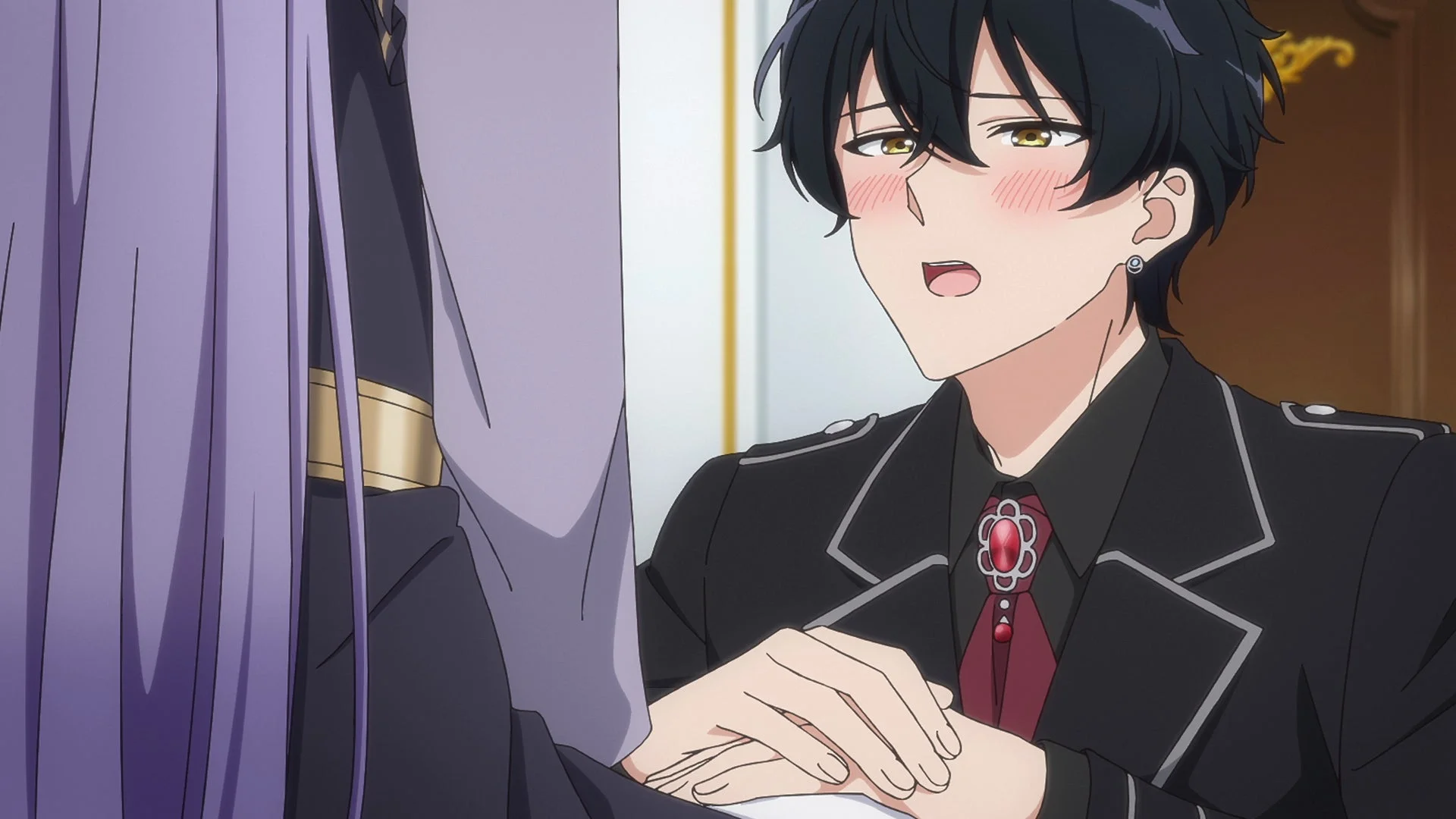 黒髪の男性アニメキャラクターが、紫の髪のキャラクターと手を取り合い、顔を赤らめて恥ずかしがっている様子を描いた画像です。