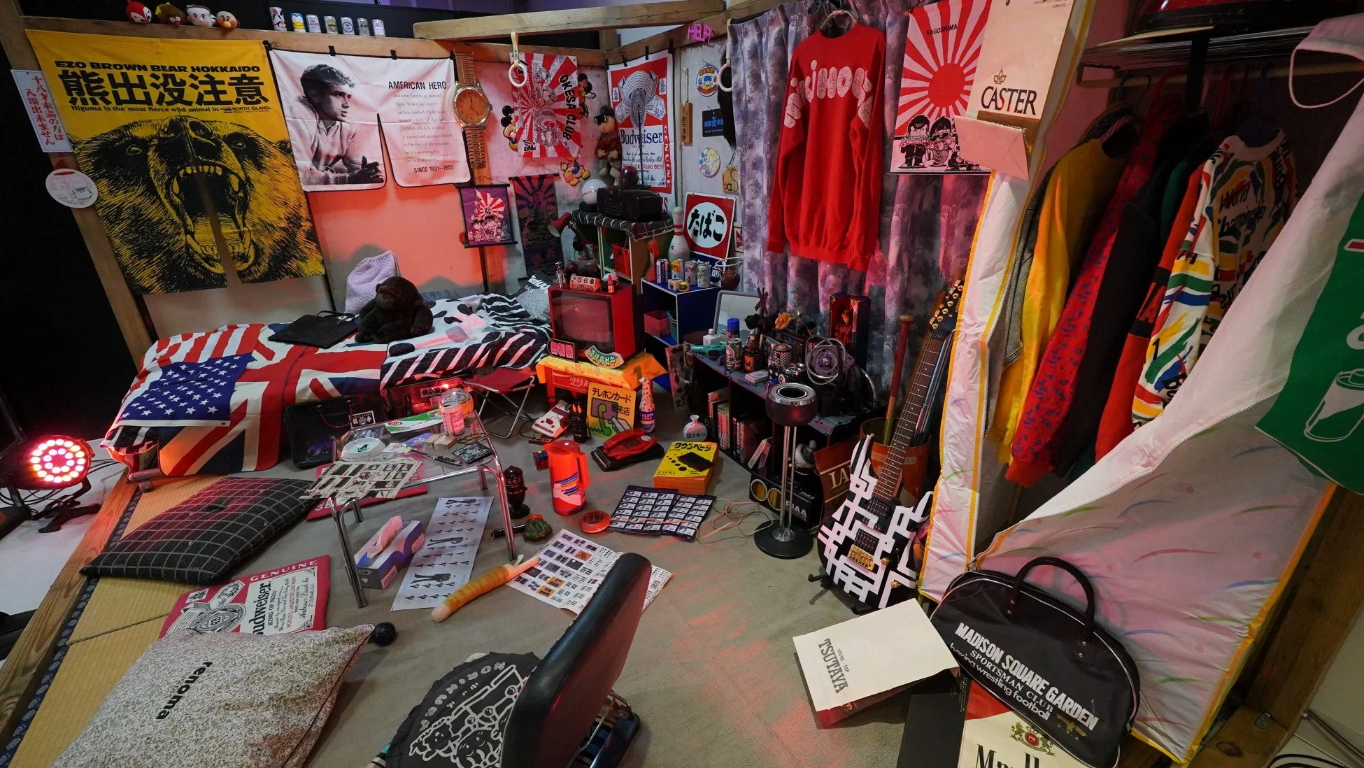ポスターや旗、雑貨で埋め尽くされた雑多な部屋
