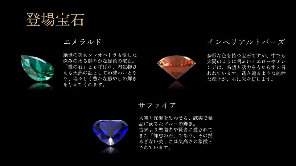 エメラルド、インペリアルトパーズ、サファイア