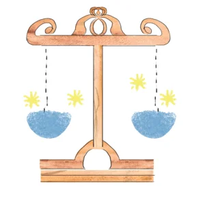 木目調の天秤が描かれたイラスト