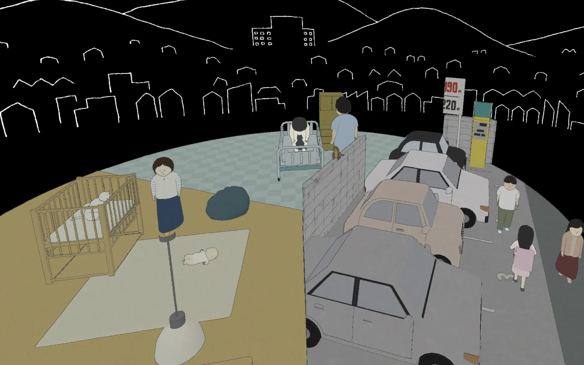 育児風景、病院のベッド、そして車が並ぶ駐車場を行き交う人々という、異なる日常の場面が対照的に描かれたイラスト