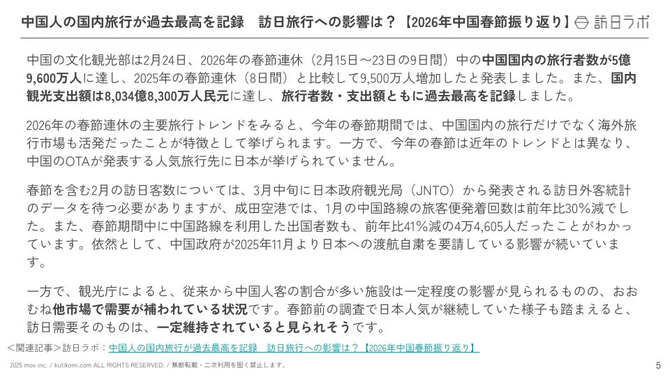 中国人の国内旅行が過去最高を記録 訪日旅行への影響は？ 【2026年中国春節振り返り】
