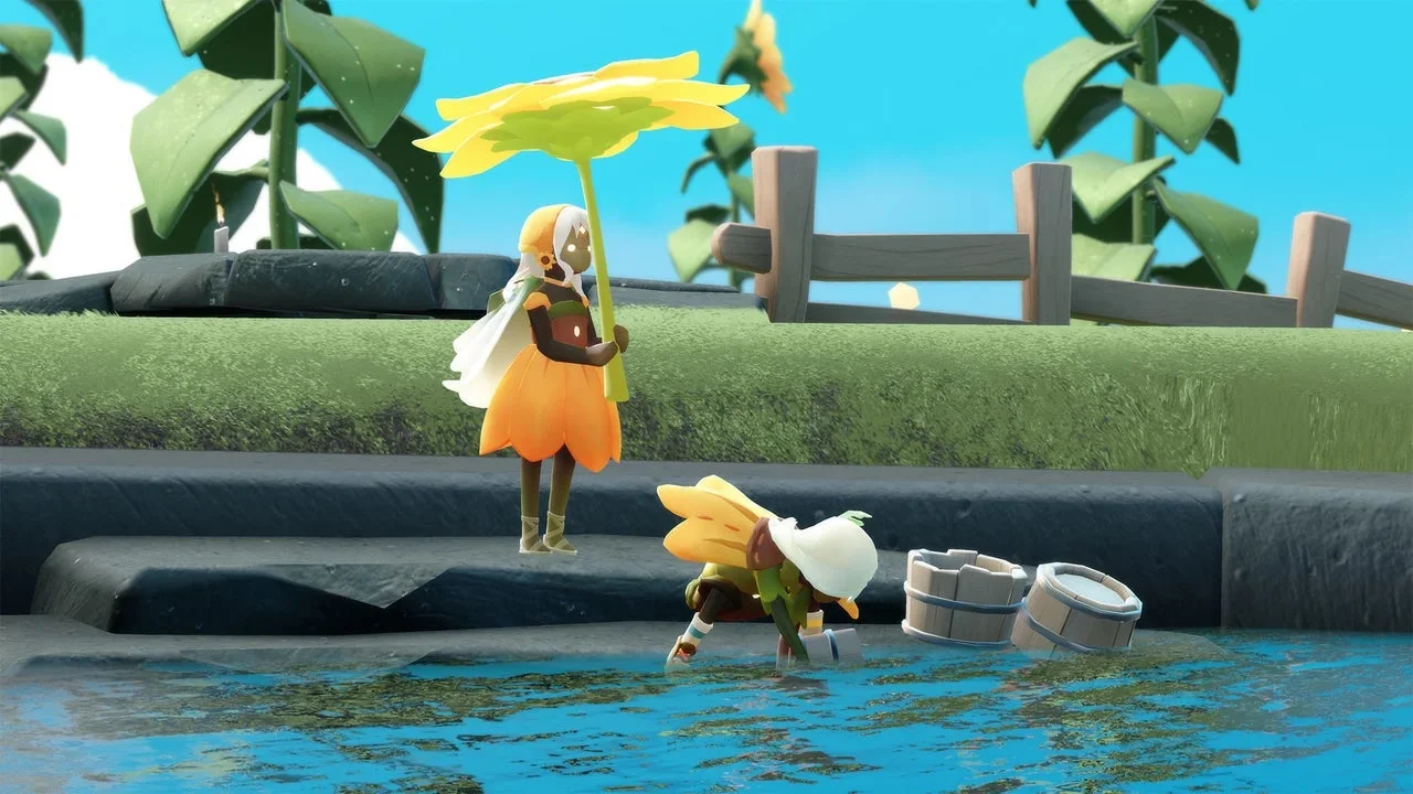 ひまわりの傘を持つキャラクターと水辺にいるキャラクター