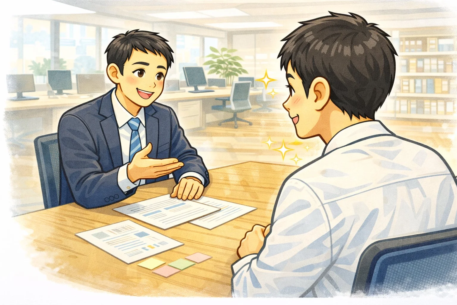 オフィスで活発なビジネスコミュニケーションを行う二人の男性