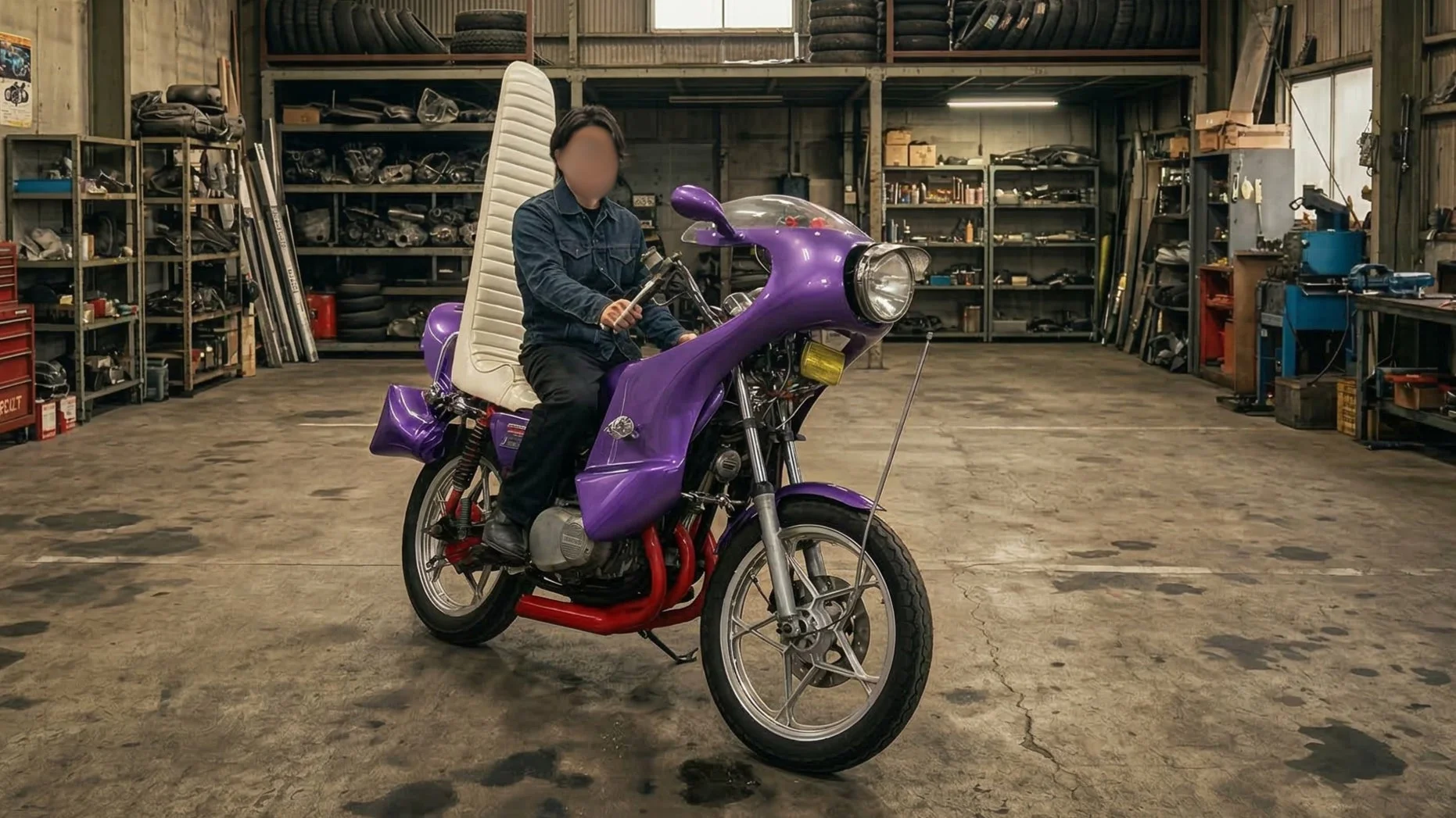 カスタムされたバイクに男性が乗っている