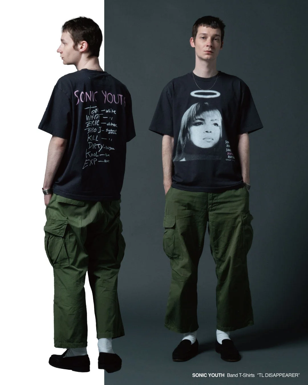 ファッション,男性モデル,Tシャツ,バンドT,ソニックユース,カーゴパンツ,カジュアル,ストリートファッション,全身,アパレル,ポートレート,ルックブック