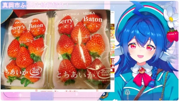 真岡市のふるさと納税で紹介されている「とちあいか」という品種のいちごのパックが写っています。画面の右側には、青い髪と赤い目のアニメキャラクター（VTuber）が笑顔で映り込んでおり、ライブ配信か動画の一部を切り取った画像と推測されます。