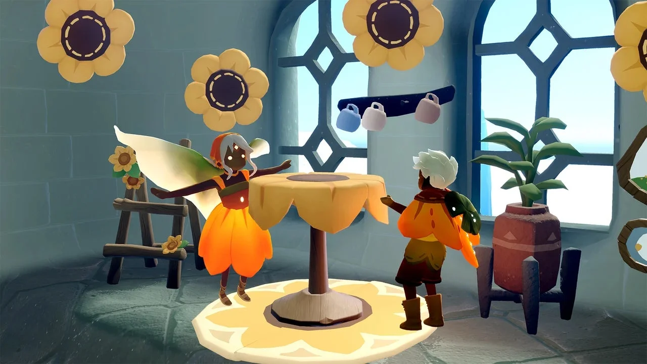 ひまわりで飾られた明るい部屋で楽しむ2人のキャラクター