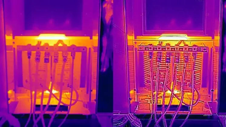 電気設備内の熱分布を示す赤外線サーモグラフィー画像