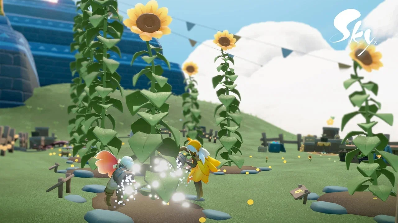 Skyのキャラクターがひまわり畑で水やりをしている様子