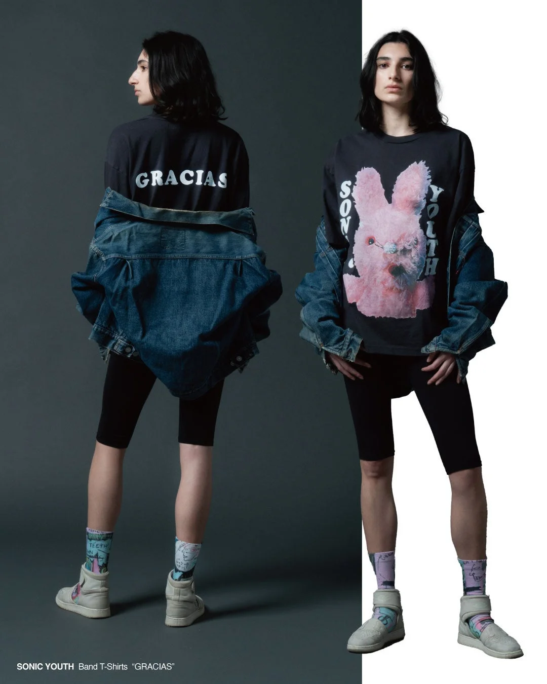 ファッション,モデル,Tシャツ,デニムジャケット,サイクリングショーツ,スニーカー,バンドTシャツ,ソニックユース,うさぎ,ストリートファッション