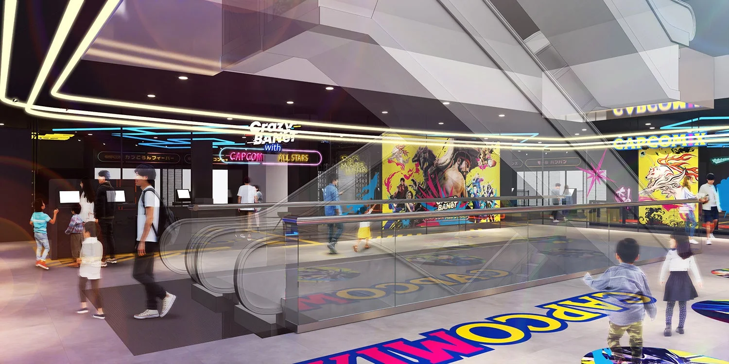 カプコンキャラクターが描かれた賑やかなゲームセンター