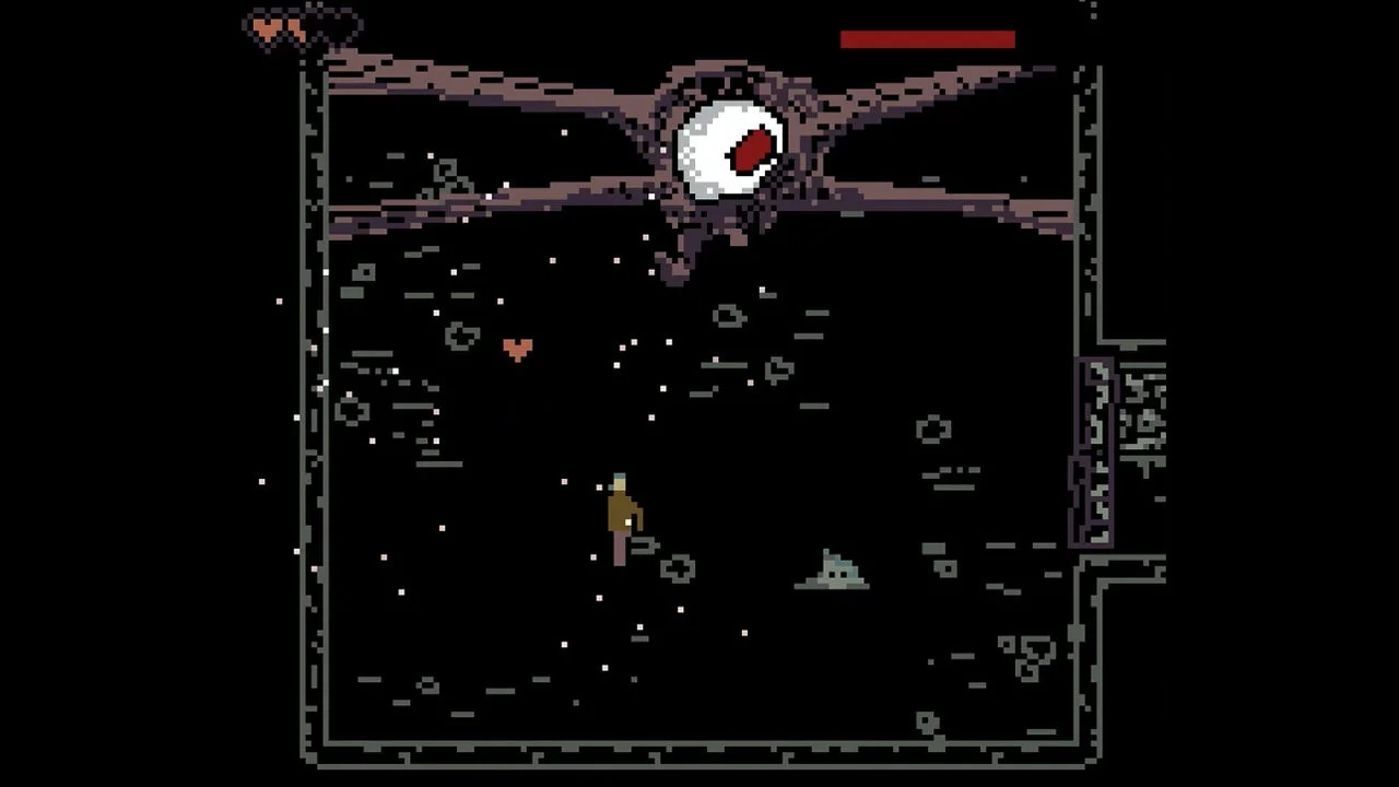 ドット絵のレトロな雰囲気を持つアクションゲームのスクリーンショットです。暗い部屋の中央に立つプレイヤーキャラクターと、画面上部に巨大な目を持つ不気味なボスキャラクターが描かれており、ボス戦の最中であることが伺えます。