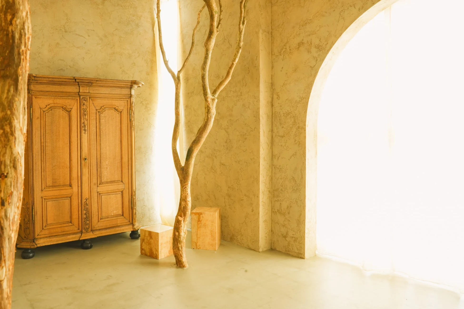 大きな棚と木のオブジェが特徴的な部屋