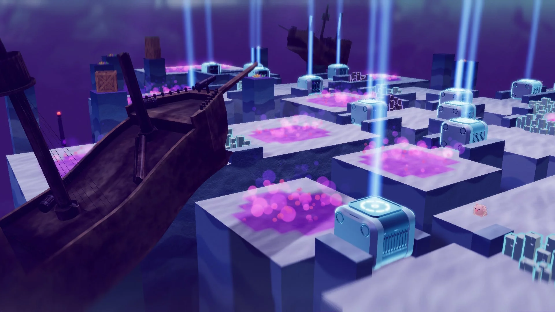 幻想的な空間に浮かぶ難破船と、光るブロックが並ぶステージのような情景。青い光線と紫色の輝きが神秘的な雰囲気を醸し出している。小さなピンク色の生き物も見える。